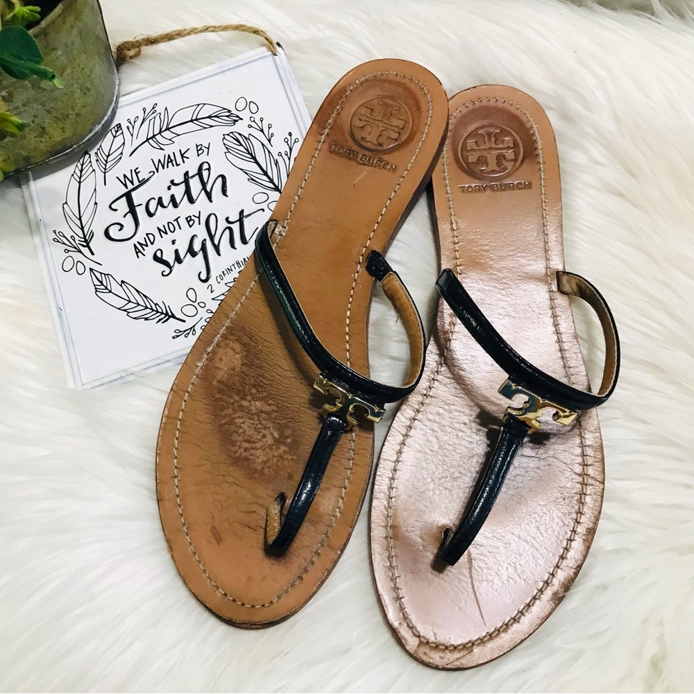 Tory Burch T Logo T Strap Thong Sandals Flats Black Sz 10 - Picture 2 of 11